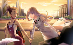Rule 34 | 2girls, airysher, bag charm, blonde hair, blue eyes, breasts, brown eyes, brown hair, building, carole &amp; tuesday, carole stanley, charm (object), dark-skinned female, dark skin, dress, earrings, eye contact, guitar case, highres, holding hands, instrument, instrument case, jewelry, lipstick, long hair, long sleeves, looking at another, makeup, multiple girls, open mouth, outdoors, overalls, short hair, sky, sleeveless, small breasts, smile, standing, strapless, tube top, tuesday simmons, twilight, white dress, yellow sky
