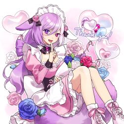 Rule 34 | 1girl, :d, absurdres, animal ears, balloon, bare legs, black corset, blue flower, blue rose, boots, bow, breasts, corset, dress, flower, footwear bow, footwear ribbon, frilled dress, frills, headdress, heart balloon, highres, index finger raised, juliet sleeves, kaigen 1025, large breasts, long hair, long sleeves, looking at viewer, multicolored hair, open mouth, original, outline, pink dress, pink flower, pink footwear, pink ribbon, pink rose, puffy sleeves, purple background, purple eyes, purple flower, purple hair, purple rose, ribbon, rose, sitting, smile, solo, split-color hair, thank you, two-tone background, two-tone hair, white background, white flower, white hair, white outline, white rose