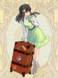 Rule 34 | 1girl, belt, black hair, blue eyes, book, boots, bow, brooch, dairoku ryouhei, dress, glasses, green dress, hair bow, holding, holding book, jewelry, kishiba yuusuke, long hair, long sleeves, looking to the side, red-framed eyewear, rolling suitcase, solo, standing, sticker, suitcase