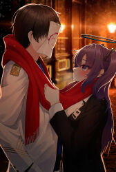 Rule 34 | 1boy, 1girl, absurdres, black hair, blue archive, blush, breath, closed mouth, coat, doodle sensei (blue archive), formal, from side, highres, id card, jacket, long hair, long sleeves, looking at another, night, purple eyes, purple hair, red scarf, scarf, sensei (blue archive), shared clothes, shared scarf, short hair, smile, ssb (nit8921), suit, upper body, white coat, yuuka (blue archive)