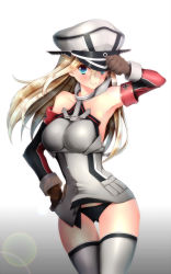 Rule 34 | 10s, 1girl, armpits, bad id, bad pixiv id, bismarck (kancolle), black panties, blonde hair, blue eyes, blush, breasts, brown gloves, detached sleeves, gloves, hat, highres, kantai collection, large breasts, long hair, looking at viewer, military, military hat, military uniform, no pants, panties, peaked cap, personification, solo, taniwasu, thighhighs, underwear, uniform