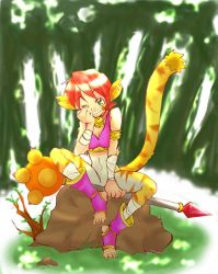 Rule 34 | 1girl, animal ears, artist request, blush, breasts, breath of fire, breath of fire ii, bustier, cat ears, cat tail, claws, drawfag, facial mark, full body, furry, furry female, gloves, green eyes, no panties, no pants, open mouth, orange hair, rinpoo chuan, short hair, solo, source request, tail