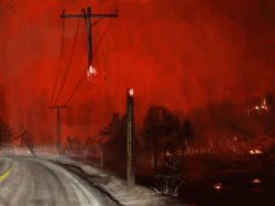 broken brush_stroke fire highres hill no_humans original outdoors painterly photo-referenced power_lines red_sky red_theme road road_sign scenery sign sky smoke street tree trenchdropper utility_pole wildfire