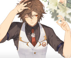 Rule 34 | arm up, bishounen, brown hair, brown shirt, collared shirt, commentary, english commentary, expressionless, formal, gold trim, granblue fantasy, hair between eyes, hands in hair, hyuuhyoo, jewelry, light blush, looking to the side, male focus, messy hair, necktie, one eye closed, red eyes, ring, sandalphon (granblue fantasy), shirt, sleeves rolled up, suit, upper body, vest, white background, white vest