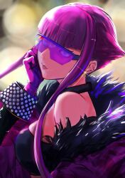 Rule 34 | 1girl, bare shoulders, earrings, feather boa, gloves, hand on own cheek, hand on own face, highres, hime cut, jewelry, manon legrand, off shoulder, pink hair, purple-tinted eyewear, sidelocks, solo, street fighter, street fighter 6, sunglasses, tinted eyewear, yuu (primenumber7)