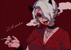 Rule 34 | 13 (spice!!), 1girl, :d, black choker, black nails, breasts, character name, choker, chromatic aberration, cigarette, cleavage, collared shirt, cross, cross necklace, demon girl, demon horns, ear piercing, earrings, fingernails, grey hair, hair over one eye, hand up, helltaker, highres, holding, holding cigarette, horns, jewelry, large breasts, latin cross, looking at viewer, nail polish, necklace, one eye covered, open mouth, piercing, pointy ears, red background, red eyes, red shirt, ringed eyes, sharp teeth, shirt, short hair, simple background, smile, smoke, smoking, solo, teeth, tongue, tongue out, tongue piercing, upper body, wristband, zdrada (helltaker)