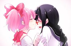 Rule 34 | 10s, 2girls, akemi homura, arm grab, artist request, black hair, black hairband, blush, bow, braid, choker, clenched hand, closed eyes, couple, dress, female focus, glasses, hair ornament, hair ribbon, hairband, highres, imminent kiss, kaname madoka, laughing, magical girl, mahou shoujo madoka magica, mahou shoujo madoka magica (anime), md5 mismatch, multiple girls, neck, open mouth, pink hair, red-framed eyewear, red choker, red ribbon, resolution mismatch, ribbon, ribbon choker, school uniform, short hair, short twintails, smile, source smaller, twintails, upper body, yuri