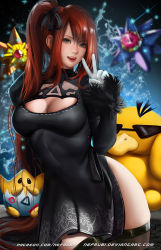 Rule 34 | 1girl, bad id, bad pixiv id, black dress, blurry, blurry background, breasts, brown hair, cleavage, cleavage cutout, clothing cutout, cosplay, creatures (company), dat ass (meme), dress, feather-trimmed sleeves, game freak, gen 1 pokemon, gen 2 pokemon, gloves, green eyes, hair ribbon, large breasts, long hair, long sleeves, looking at viewer, meme, misty (pokemon), nefrubi, nier (series), nier:automata, nintendo, open mouth, patreon username, pokemon, psyduck, ribbon, side ponytail, starmie, staryu, thighhighs, togepi, v, water, watermark, web address, white gloves, 2b (nier:automata), 2b (nier:automata) (cosplay)