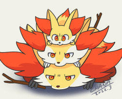 Rule 34 | 2others, animal ear fluff, animal ears, animal nose, artist name, body fur, braixen, chana (furrytails), creatures (company), dated, delphox, evolutionary line, fennekin, fox ears, fox tail, furry, game freak, gen 6 pokemon, green background, half-closed eyes, highres, holding, holding stick, multiple others, nintendo, on head, pokemon, pokemon (creature), pokemon on head, red eyes, red fur, signature, simple background, snout, stick, tail, two-tone fur, white fur, yellow fur