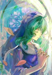 Rule 34 | 1girl, absurdres, ahoge, closed eyes, falling leaves, green hair, habit, highres, leaf, light rays, long hair, maria (housamo), nun, own hands clasped, own hands together, praying, solo, stained glass, tokyo houkago summoners, upper body, veil, yanyiyou