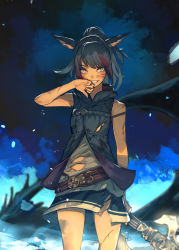 Rule 34 | 1girl, absurdres, animal ears, warrior of light (ff14), bare arms, belt, black jacket, blue hair, blue sky, cat ears, commentary request, commission, cowboy shot, facial mark, final fantasy, final fantasy xiv, grin, hide (hideout), highres, holding, holding weapon, injury, jacket, looking at viewer, miqo&#039;te, multicolored hair, ponytail, red hair, scar, scar on arm, skeb commission, sky, sleeveless, sleeveless jacket, smile, solo, streaked hair, torn clothes, weapon, whisker markings, wiping mouth