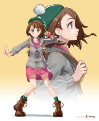 Rule 34 | 1girl, artist name, bag, blush, boots, brown eyes, brown footwear, brown hair, child, collarbone, creatures (company), dress, female focus, fingernails, flat chest, floating hair, from side, game freak, gen 8 pokemon, gloria (pokemon), gradient background, grey jacket, happy, hat, holding, jacket, kikino, legs, looking at viewer, neck, nintendo, pink dress, pokemon, pokemon swsh, serious, short hair, simple background, smile, socks, solo, tam o&#039; shanter, thighs, v, yellow background, zoom layer
