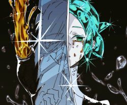 Rule 34 | androgynous, antarcticite, aqua eyes, aqua hair, black background, colored skin, cracked skin, closed eyes, gender request, gold, houseki no kuni, index finger raised, looking at viewer, other focus, phosphophyllite, reflection, simple background, solo, sparkle, spoilers, tears, uniform, white skin