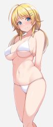 Rule 34 | 1girl, ahoge, arms behind back, bare arms, bare shoulders, bikini, blonde hair, blue eyes, breasts, cleavage, grey background, hachimiya meguru, hair ornament, hairclip, highres, idolmaster, idolmaster shiny colors, large breasts, long hair, looking at viewer, low twintails, mitsukazu (nijigen complex), navel, simple background, skindentation, smile, solo, standing, stomach, string bikini, swimsuit, thighs, twintails, white bikini