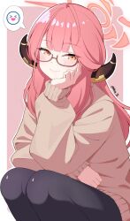 Rule 34 | 1girl, alternate costume, arm support, aru (blue archive), bespectacled, black pantyhose, blue archive, blunt bangs, casual, commentary, demon girl, demon horns, glasses, halo, head rest, highres, horns, long hair, long sleeves, looking at viewer, pantyhose, red hair, reia 76, sidelocks, simple background, smile, solo, spoken expression, squatting, two-tone background, yellow eyes