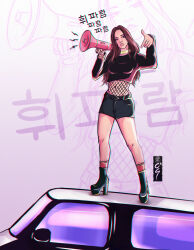 1girl belt black_footwear blackpink boots brown_hair car commentary crop_top english_commentary fishnet_top fishnets full_body high_heel_boots high_heels highres jennie_(blackpink) jewelry k-pop long_hair long_sleeves motor_vehicle on_car real_life ring roogomes shorts solo speaker