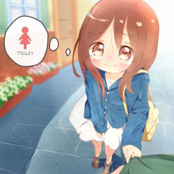 Rule 34 | 1boy, 1girl, 22m, bag, blue jacket, blue legwear, blush, brown eyes, brown footwear, brown hair, closed mouth, collarbone, door, dress, embarrassed, english text, flower, full body, have to pee, jacket, long hair, long sleeves, looking at viewer, matching hair/eyes, original, outdoors, pov, shoes, socks, solo focus, standing, sweat, tears, thought bubble, wavy mouth, white dress, white flower, window