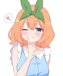 Rule 34 | 1girl, ;q, bare arms, blue dress, blue eyes, blush, breasts, closed mouth, collarbone, collared dress, commentary request, dress, eyebrows hidden by hair, go-toubun no hanayome, green ribbon, hair between eyes, hair ribbon, hand up, heart, highres, kujou karasuma, looking at viewer, medium breasts, nakano yotsuba, one eye closed, orange hair, ribbon, simple background, sleeveless, sleeveless dress, solo, spoken heart, tongue, tongue out, upper body, white background