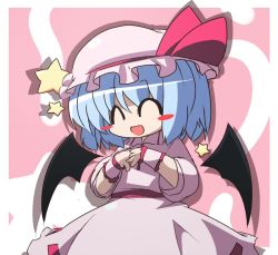 Rule 34 | 1girl, :d, ^ ^, bat wings, blue hair, blush stickers, closed eyes, closed eyes, female focus, hat, oka (bananashoe), open mouth, remilia scarlet, short hair, smile, solo, star (symbol), touhou, wings, wrist cuffs