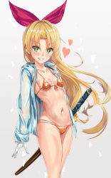 Rule 34 | 1girl, absurdres, artist request, bikini, blonde hair, blush, breasts, brown hair, character request, gloves, highres, long hair, open clothes, open shirt, shirt, small breasts, smile, solo, standing, swimsuit, sword, thighs, weapon