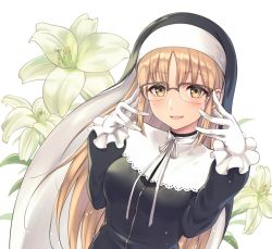 Rule 34 | 1girl, black dress, blonde hair, blush, chokuro, commentary request, dress, eyelashes, flower, glasses, gloves, habit, highres, long hair, long sleeves, looking at viewer, nijisanji, nun, open mouth, ribbon, sister claire, sister claire (1st costume), smile, solo, traditional nun, virtual youtuber, white gloves, white ribbon, yellow eyes, zipper pull tab