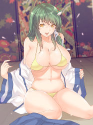 Rule 34 | 1girl, alternate breast size, bad id, bad pixiv id, bikini, breasts, cleavage, detached sleeves, frog hair ornament, green hair, hair ornament, highres, huge breasts, kochiya sanae, large breasts, long hair, looking at viewer, looking to the side, micro bikini, nail polish, navel, open mouth, red nails, sitting, smile, snake hair ornament, solo, swimsuit, touhou, x&amp;x&amp;x, yellow bikini, yellow eyes