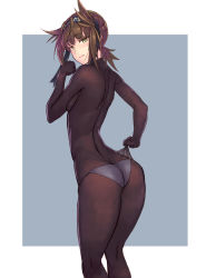 Rule 34 | 10s, 1girl, ass, bodystocking, bodysuit, bodysuit pull, brown hair, butt crack, covering privates, covering breasts, green eyes, hair flaps, hairband, hatsuzuki (kancolle), kantai collection, looking back, panties, short hair, solo, underwear, yuuji (and)