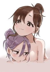 Rule 34 | 2girls, :3, absurdres, bathing, breast envy, breasts, brown eyes, brown hair, closed mouth, commentary request, face to breasts, hair between eyes, highres, looking at another, maki (soredemo ayumu wa yosetekuru), medium breasts, multiple girls, nude, partially submerged, purple hair, short hair, simple background, smile, soredemo ayumu wa yosetekuru, upper body, water, white background, yamamoto souichirou, yaotome urushi