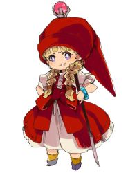 Rule 34 | 1girl, blonde hair, bracelet, braid, dragon quest, dragon quest xi, dress, hair over shoulder, hat, jewelry, long hair, looking at viewer, mota, red hat, simple background, smile, solo, twin braids, veronica (dq11), white background