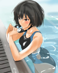 Rule 34 | 1girl, amagami, black eyes, black hair, blush, competition swimsuit, female focus, goggles, goggles around neck, murasaki iro, nanasaki ai, one-piece swimsuit, partially submerged, pool, poolside, short hair, solo, swimsuit, water