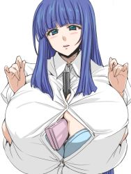 Rule 34 | 1girl, between breasts, blue eyes, blue hair, bra, grabbing another&#039;s breast, breasts, fuutou shizune, gigantic breasts, grabbing, handheld game console, nintendo ds, oshioki sweetie, shirt, straining buttons, underwear, wallet