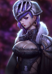 Rule 34 | 1girl, armor, blue eyes, blue hair, breasts, cleavage, cleavage cutout, clothing cutout, earrings, female focus, helmet, jewelry, knight, large breasts, lips, lipstick, long hair, looking at viewer, makeup, matching hair/eyes, md5 mismatch, purple eyes, purple hair, resized, resolution mismatch, scar, solo, zeronis