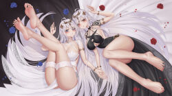 Rule 34 | 2girls, absurdres, azur lane, barefoot, blue eyes, blush, bracelet, breasts, cleavage, closed mouth, commentary request, emden (azur lane), feet, hair ornament, highres, ichikushi mojibake, jewelry, large breasts, legs, legs up, long hair, looking at viewer, lying, multiple girls, on back, on side, parted lips, red eyes, smile, soles, thigh strap, thighs, toes, white hair