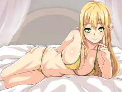 Rule 34 | 1girl, bed, bed sheet, bikini, blonde hair, breasts, elf, finger to face, green eyes, john doe shinobu, large breasts, long hair, looking at viewer, lying, on bed, on side, original, pointy ears, smile, solo, swimsuit, yellow bikini