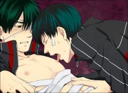Rule 34 | 2boys, bandages, black hair, blush, character request, drooling, eyepatch, licking, male focus, multiple boys, nipples, saliva, tennis no ouji-sama, undressing, watari (ccs solid), yaoi