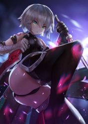 Rule 34 | 1girl, absurdres, arm belt, ass, bandaged arm, bandages, bare shoulders, belt, belt buckle, black belt, black footwear, black gloves, black panties, black shirt, boots, buckle, dual wielding, fate/apocrypha, fate (series), from below, gloves, green eyes, grey hair, hair between eyes, halterneck, hands up, highres, holding, holding knife, holding weapon, jack the ripper (fate/apocrypha), knife, leg up, looking at viewer, luobo carrot, no scar, panties, parted lips, reverse grip, scabbard, sheath, shirt, short hair, shoulder tattoo, single glove, sleeveless, sleeveless shirt, solo, tattoo, thigh boots, thighhighs, thighs, underwear, unsheathed, weapon