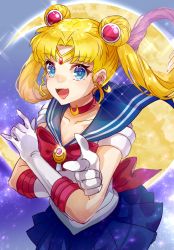 Rule 34 | 1girl, bishoujo senshi sailor moon, blue eyes, blue skirt, bow, choker, circlet, collarbone, crescent, crescent choker, crescent earrings, crescent moon, diffraction spikes, double bun, earrings, gem, glint, gloves, hair bun, highres, jewelry, kachin, long hair, moon, open mouth, pointing, pointing at viewer, red bow, red choker, sailor moon, skirt, sky, solo, star (sky), starry sky, tongue, tsukino usagi, twintails, white gloves