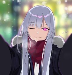 Rule 34 | 1girl, absurdres, ak-12 (girls&#039; frontline), artificial eye, blunt bangs, eyebrows hidden by hair, fur collar, gincho, girls&#039; frontline, highres, jacket, long hair, looking at viewer, meme, one eye closed, outstretched arms, pink hair, pov cheek warming (meme), reaching, reaching towards viewer, red scarf, scarf, sidelocks, signature, snowing, solo, white hair, winter clothes