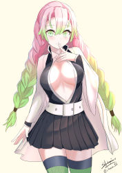 Rule 34 | 1girl, absurdres, belt, belt buckle, black jacket, black skirt, blush, braid, breasts, brown background, buckle, cape, cleavage, closed mouth, collared shirt, gradient hair, green eyes, green hair, green thighhighs, hair between eyes, hand up, highres, jacket, kanroji mitsuri, kimetsu no yaiba, large breasts, long hair, long sleeves, looking at viewer, mole, mole under eye, multicolored hair, no bra, open clothes, open jacket, open shirt, pink hair, pleated skirt, sato art, shirt, signature, simple background, skirt, smile, solo, standing, thighhighs, twin braids, twitter username, very long hair, white belt, white cape, white shirt