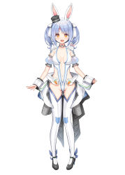 Rule 34 | 1girl, absurdres, alternate costume, animal ears, blue hair, breasts, choker, cleavage, highres, hololive, looking at viewer, navel, pekomon (usada pekora), open mouth, orange eyes, rabbit ears, rabbit girl, revealing clothes, shiny skin, short eyebrows, simple background, small breasts, smile, thick eyebrows, twintails, uehiro, usada pekora, virtual youtuber, white background, wrist cuffs
