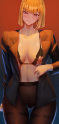 Rule 34 | 1girl, absurdres, black bra, blonde hair, blue background, blush, bra, breasts, brown pantyhose, coat, cowboy shot, highres, jacket, jewelry, large breasts, long sleeves, looking at viewer, necklace, nipple slip, nipples, open clothes, open coat, open jacket, original, pantyhose, parted lips, red background, red eyes, rororo, short hair, simple background, smile, solo, thighband pantyhose, tsurime, underwear