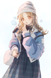 Rule 34 | 1girl, alternate hairstyle, bag, black shirt, blue jacket, blush, braid, breasts, breath, brown eyes, brown hair, cowboy shot, dot nose, fur-trimmed jacket, fur trim, grey skirt, hair ornament, hand up, highres, holding strap, ichikawa hinana, idolmaster, idolmaster shiny colors, jacket, large breasts, long hair, looking at viewer, natsu (jar1010), open clothes, open jacket, open mouth, parted bangs, plaid, plaid skirt, pom pom (clothes), pom pom hair ornament, shirt, shoulder bag, simple background, skirt, solo, standing, twin braids, white background, white headwear