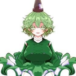 Rule 34 | 1girl, breasts, dress, green dress, green eyes, green hair, hair between eyes, hat, highres, large breasts, long sleeves, looking at viewer, maki (osobabouro), short hair, simple background, soga no tojiko, solo, tate eboshi, touhou, white background