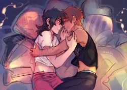 Rule 34 | 2boys, black hair, blush, brown hair, constellation, couple, cuddling, forehead-to-forehead, happy, heads together, ikimaru, keith (voltron), lance (voltron), midriff, midriff peek, multiple boys, scar, scar on face, smile, tank top, tattoo, voltron: legendary defender, voltron (series), yaoi