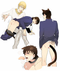 Rule 34 | 2boys, anal, anal object insertion, animal ears, blonde hair, brown hair, cat boy, cat ears, cat tail, collar, cross, cum, cum in mouth, fate/zero, fate (series), gilgamesh (fate), kotomine kirei, male focus, male penetrated, multiple boys, multiple views, object insertion, oral, penis, red eyes, spanked, spanking, tail, yaoi