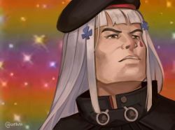 Rule 34 | 1boy, atokani, beret, cosplay, fabulous secret powers (meme), girls&#039; frontline, gradient background, hat, he-man, hk416 (girls&#039; frontline), hk416 (girls&#039; frontline) (cosplay), male focus, masters of the universe, meme, music, prince adam, rainbow background, singing, solo, sparkle background, twitter username, white hair