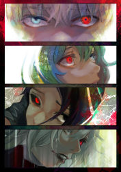 Rule 34 | 1girl, 3boys, absurdres, black border, black eyes, black gloves, black hair, black sclera, border, colored sclera, eto (tokyo ghoul), face, furuta nimura, gloves, green hair, grey eyes, grey hair, heterochromia, highres, kaneki ken, kyuuba melo, looking at viewer, looking up, multiple boys, official style, parted lips, red border, red eyes, red lips, short hair, takizawa seidou, tokyo ghoul, tokyo ghoul:re, white background