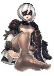 Rule 34 | 1girl, absurdres, blindfold, breasts, brown thighhighs, cleavage, feet, fengmo, foot focus, highres, medium breasts, mole, mole under mouth, nier (series), nier:automata, no shoes, open mouth, short hair, simple background, smile, soles, solo, thighhighs, thighs, toes, white background, white hair, 2b (nier:automata)
