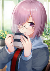 Rule 34 | 1girl, black shirt, blue hoodie, blue jacket, blush, brown-framed eyewear, coffee mug, commentary request, cup, dacchi, fate/grand order, fate (series), flower, glasses, hair over one eye, highres, holding mug, hood, hood down, hoodie, indoors, jacket, long sleeves, looking at viewer, mash kyrielight, mug, necktie, parted lips, pink hair, plant, potted plant, purple eyes, red necktie, shirt, sitting, solo, striped, yellow flower