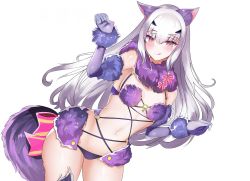 Rule 34 | 1girl, animal ears, avil, bare shoulders, blush, bow, breasts, brown eyes, cleavage, cosplay, elbow gloves, melusine (fate), fate/grand order, fate (series), forked eyebrows, fur-trimmed gloves, fur-trimmed legwear, fur collar, fur trim, gloves, highres, lace, lace-trimmed legwear, lace trim, licking lips, long hair, looking at viewer, mash kyrielight, mash kyrielight (dangerous beast), mash kyrielight (dangerous beast) (cosplay), navel, o-ring, official alternate costume, purple gloves, purple legwear, revealing clothes, sidelocks, simple background, small breasts, smile, solo, tail, thighs, tongue, tongue out, white background, white hair, wolf ears, wolf tail